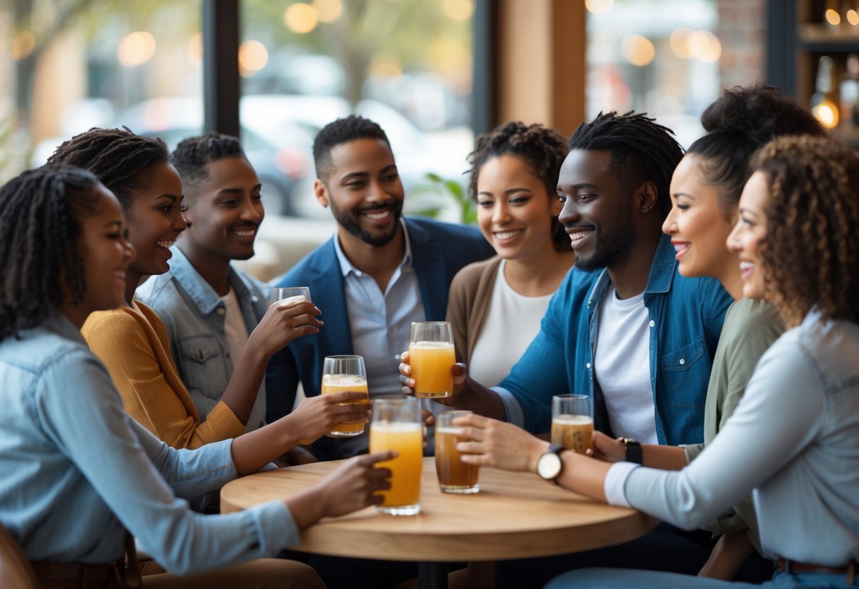 A diverse group of people smiling and talking together in a cozy café, enjoying each other's company.