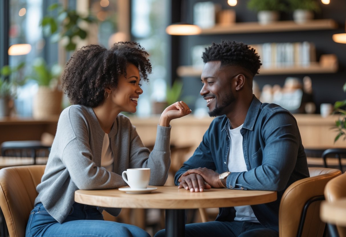 A diverse couple having a warm and attentive conversation in a cozy café.