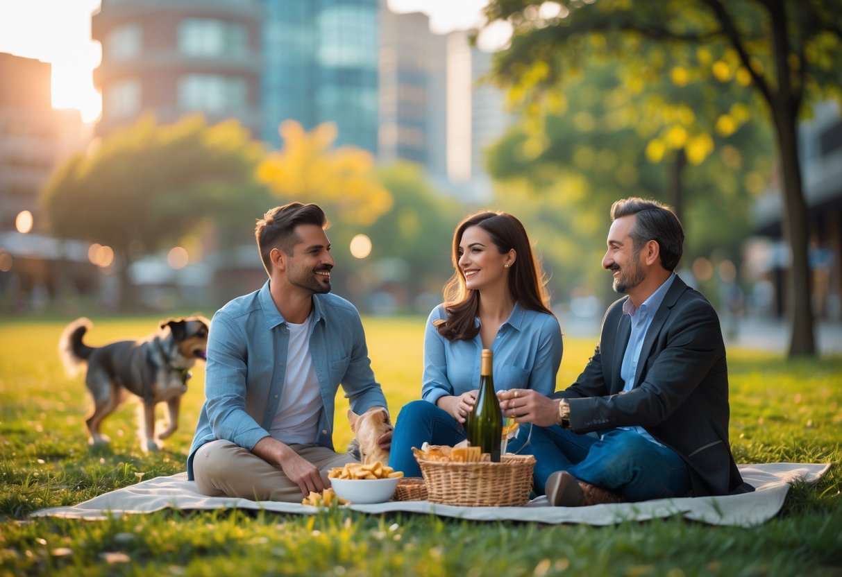 Three people in their 30s enjoying a friendly outdoor date in a city park with a picnic blanket, snacks, and a dog nearby.