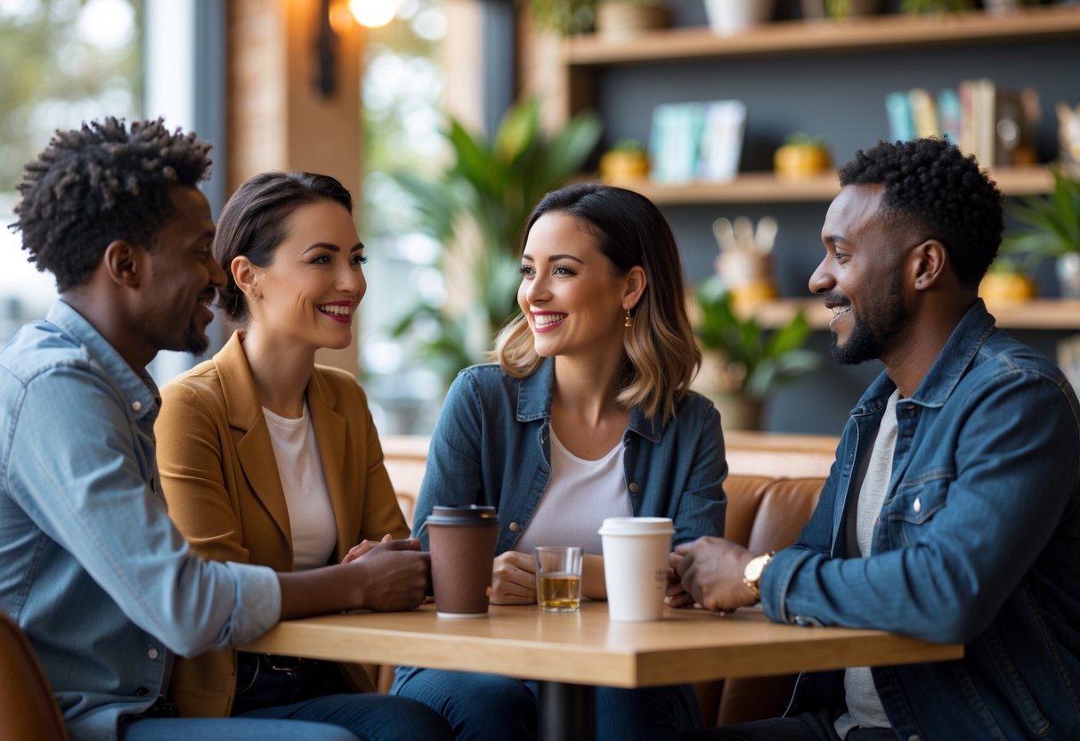 Three adults in their 30s having a friendly conversation in a cozy coffee shop.