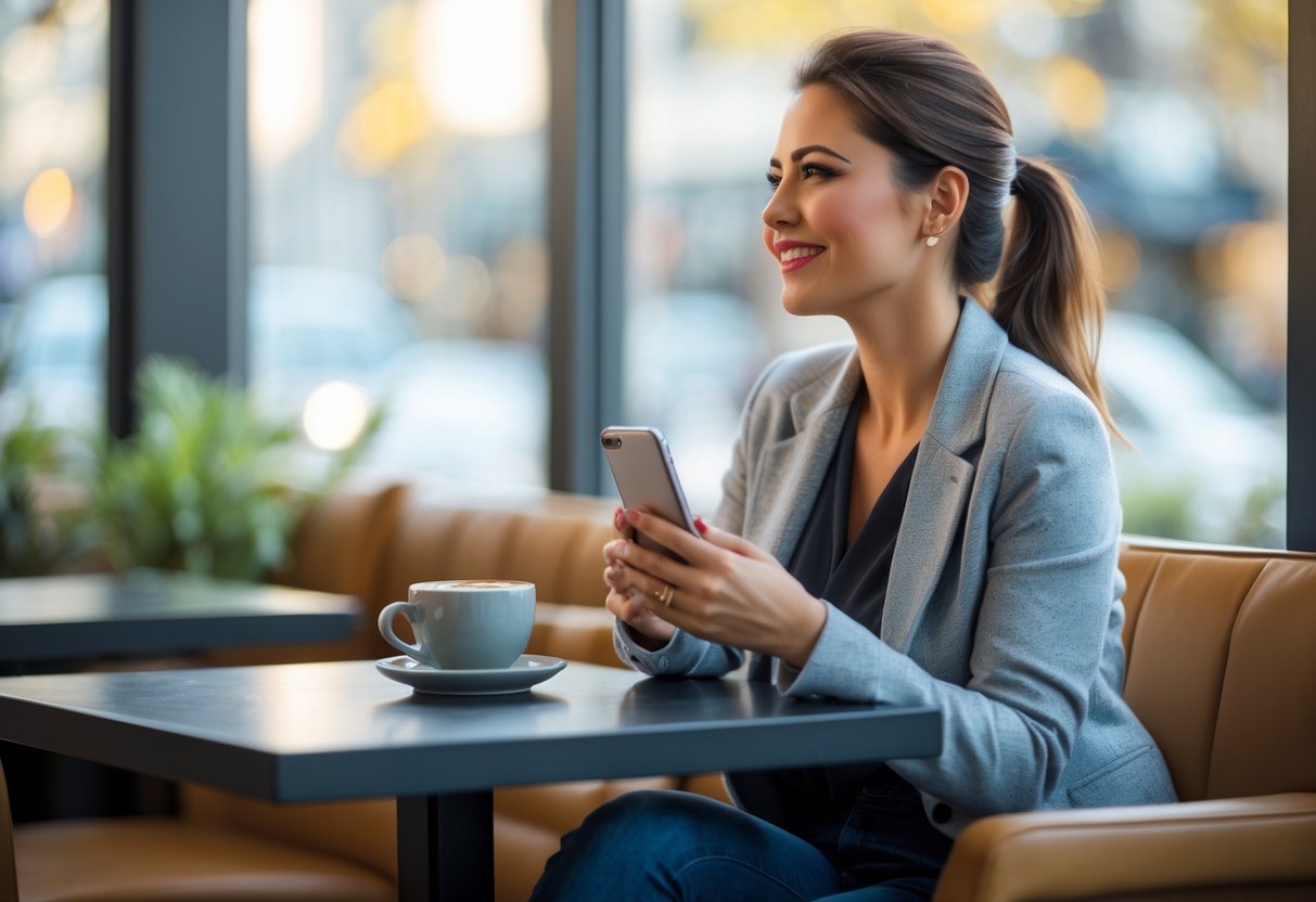 A confident woman in her early 30s sitting at a café table holding a coffee cup and smartphone, looking thoughtfully out the window.