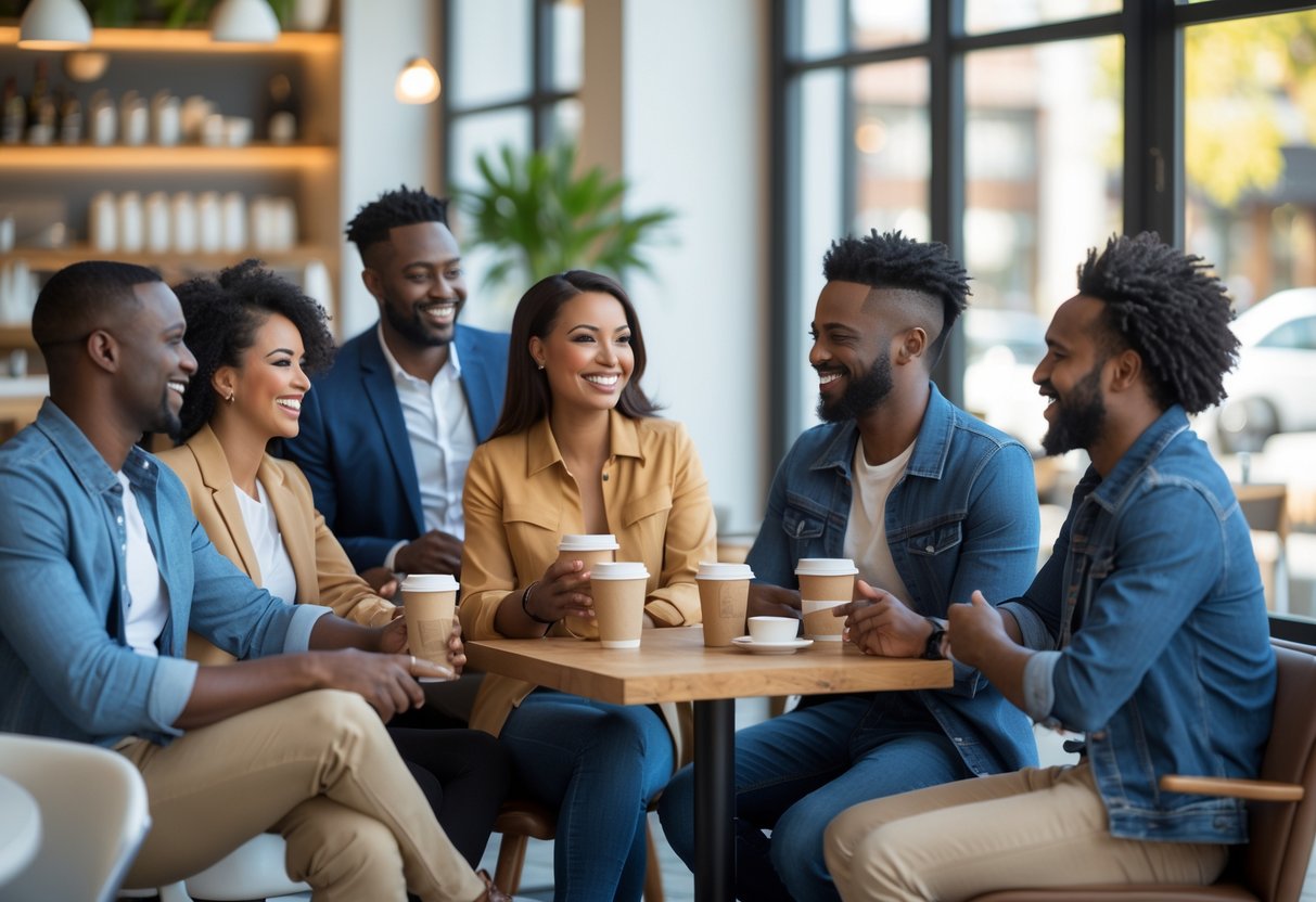A group of diverse men and women in their 30s smiling and talking together at an urban café.