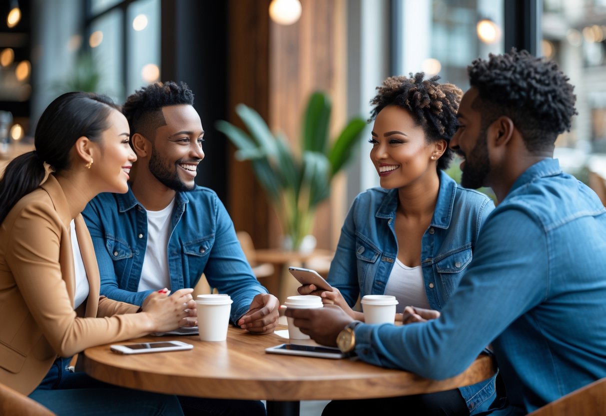 A group of people in their 30s having a friendly conversation around a table in a modern café.