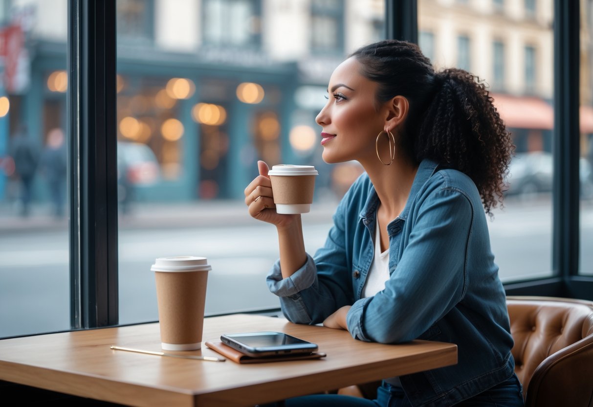 A woman in her early 30s sitting at a coffee shop table, looking thoughtfully out the window while holding a cup of coffee with a smartphone and notebook on the table.