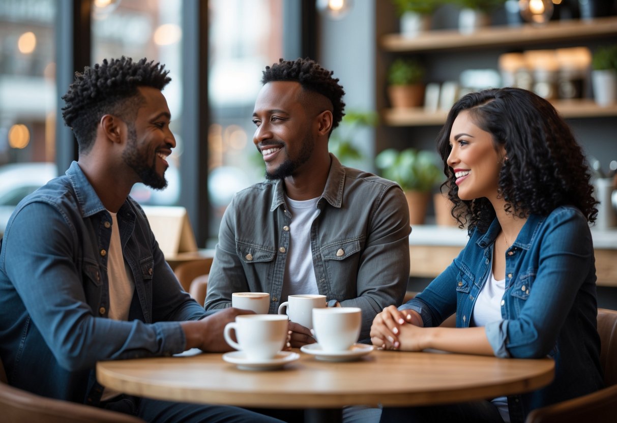 Three people in their 30s having a friendly conversation at a café.