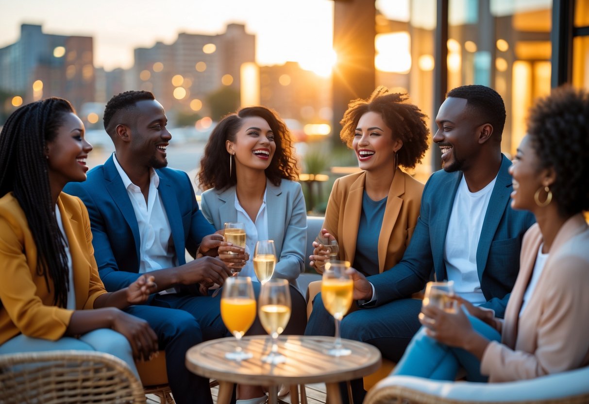 A diverse group of adults in their 30s socializing and laughing together outdoors in a city setting during sunset.