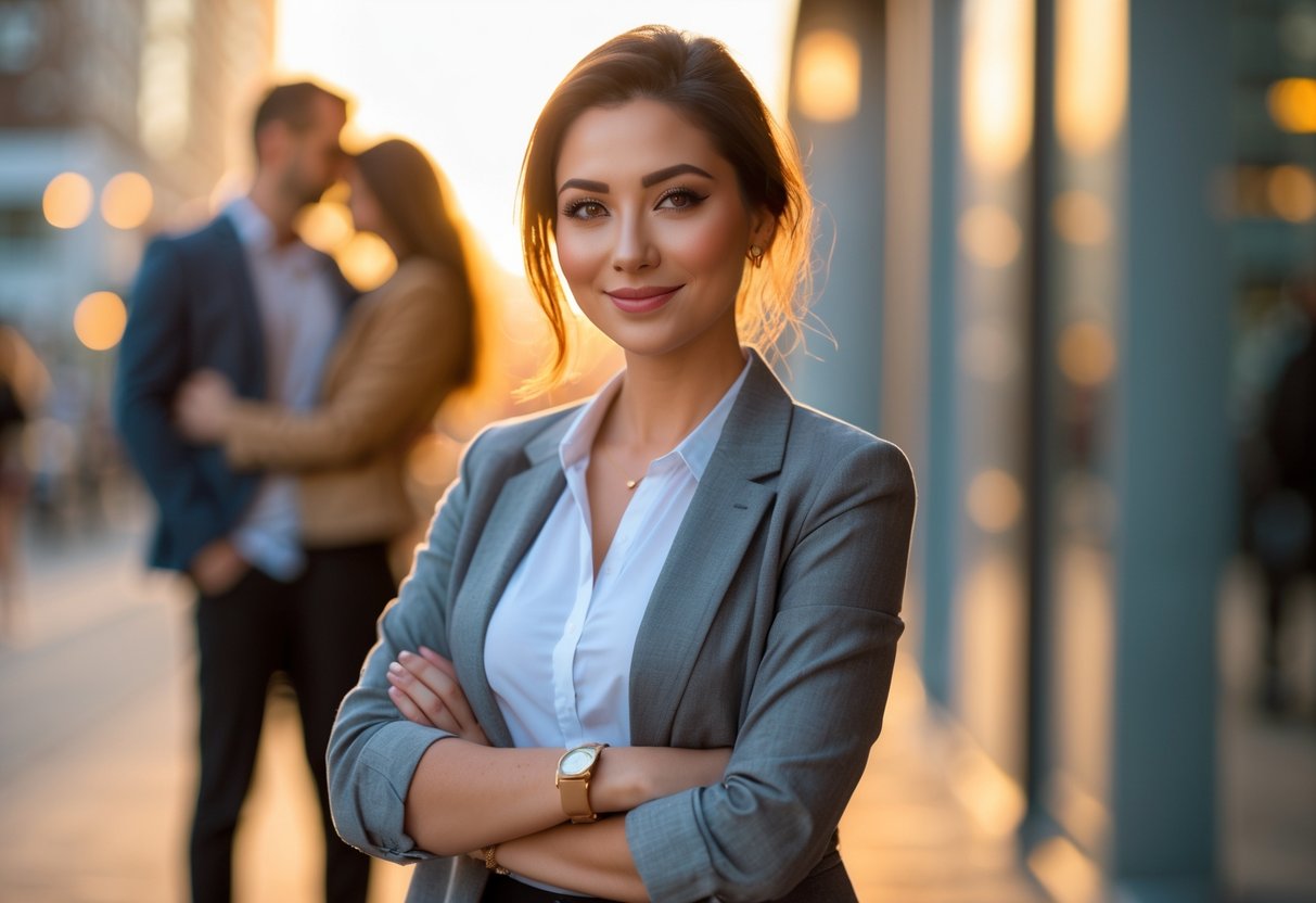 A confident woman in her early 30s standing outdoors in a city setting, looking poised and self-assured.
