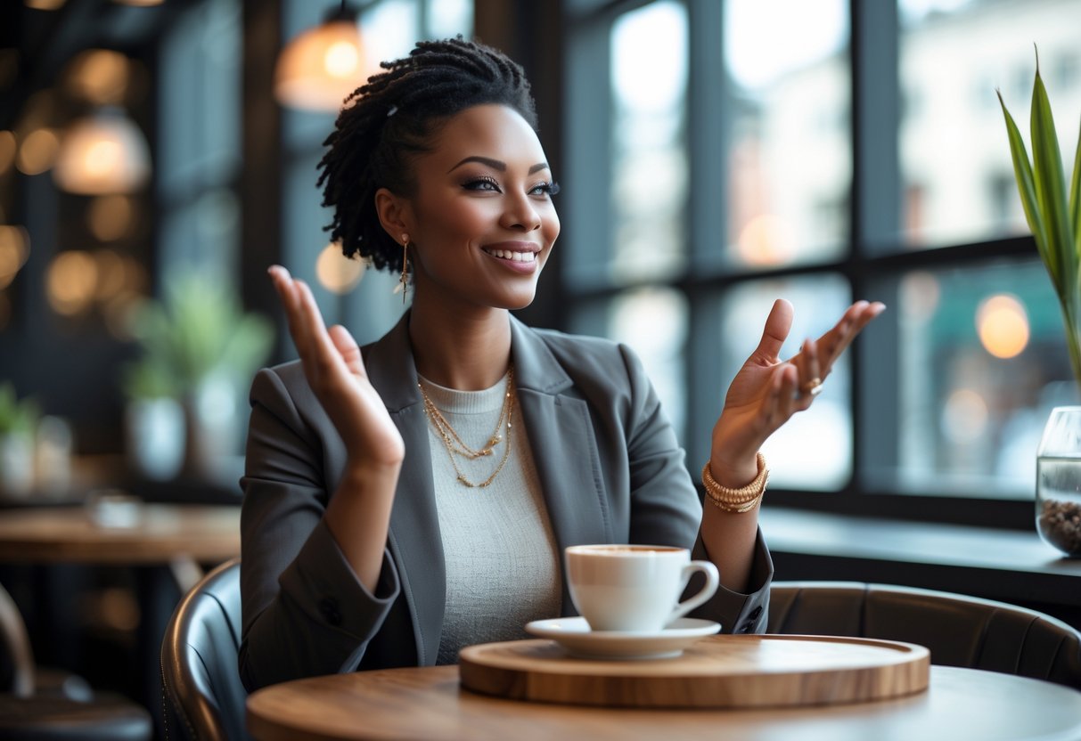 A person in their early 30s sitting at a cafe table, smiling and talking with expressive hand gestures.