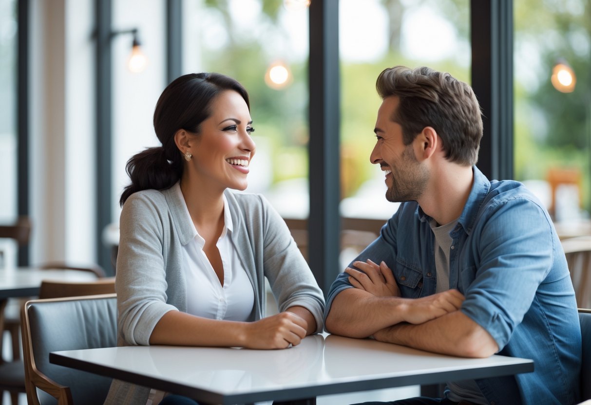 A woman and a man in their early 30s sitting at a café table, smiling and talking openly to each other.