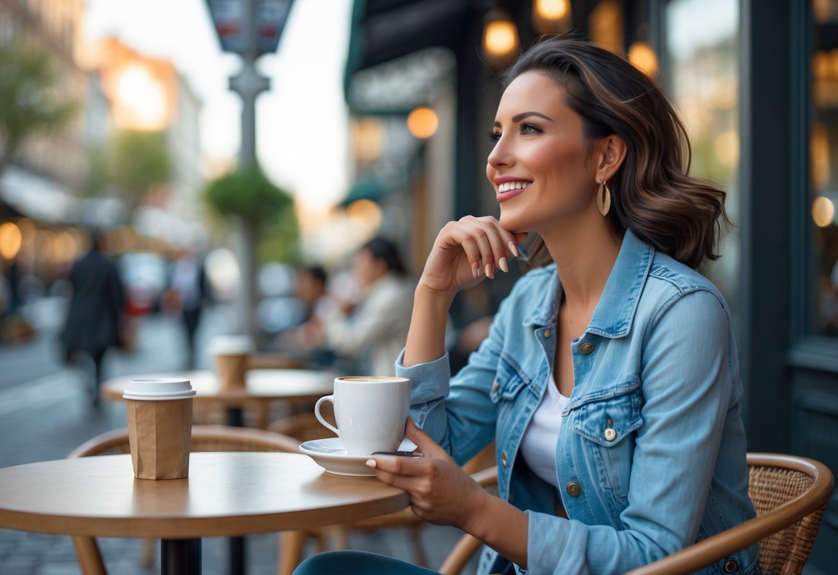 A confident woman in her 30s sitting at an outdoor café, smiling and looking away, holding a cup of coffee with a city street in the background.
