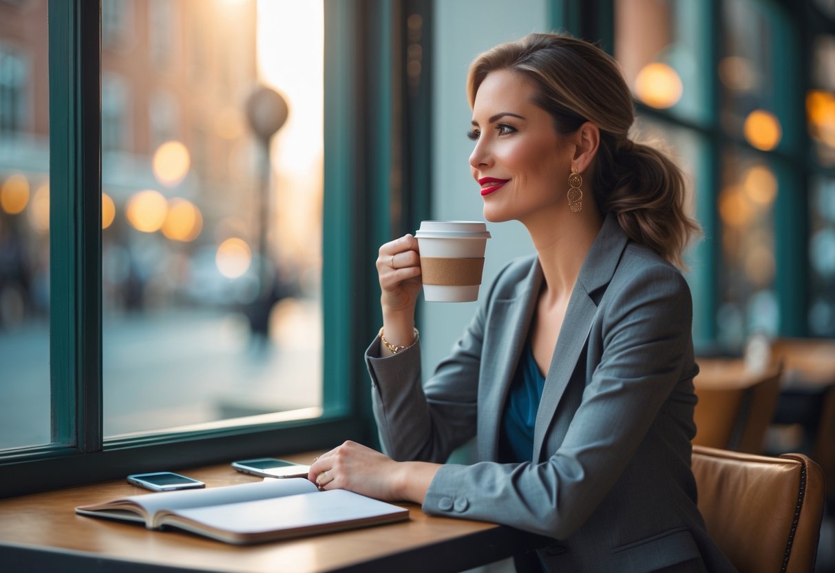 A woman in her early 30s sitting at a café table, looking thoughtfully out the window while holding a cup of coffee.