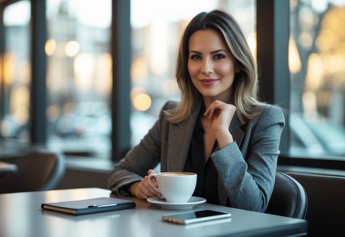 A confident woman in her early 30s sitting at a café table with coffee, looking directly at the camera with a slight smile.