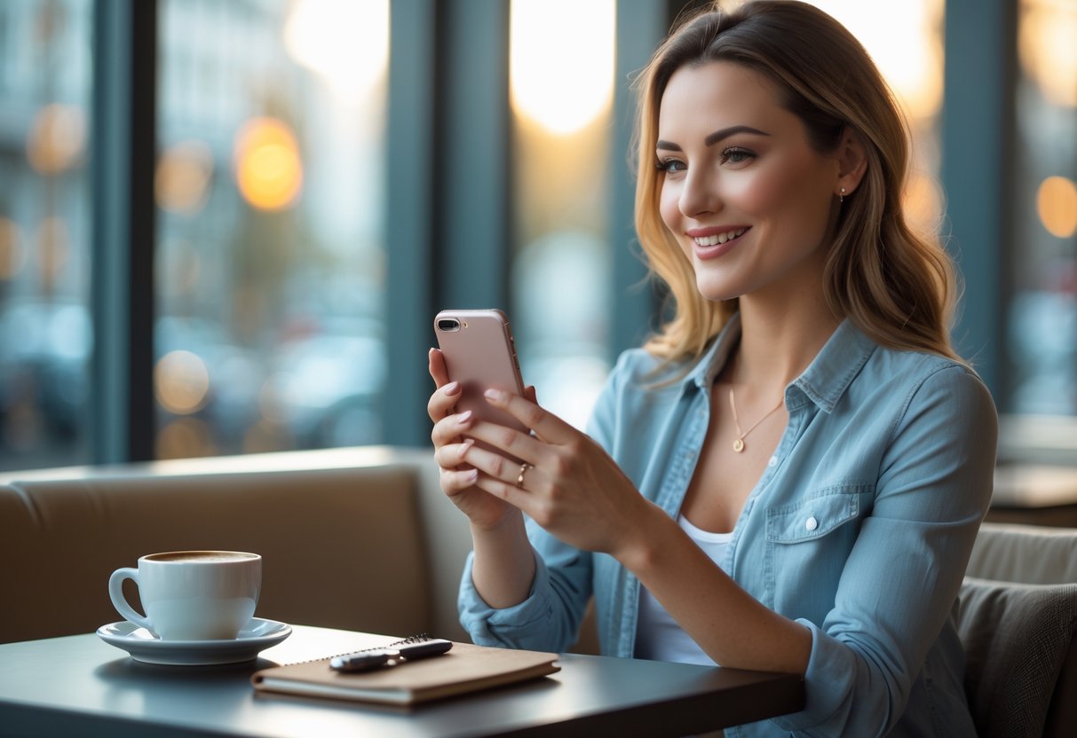A woman in her early 30s sitting at a cafe table, smiling while holding a smartphone, with a coffee cup and notebook nearby.