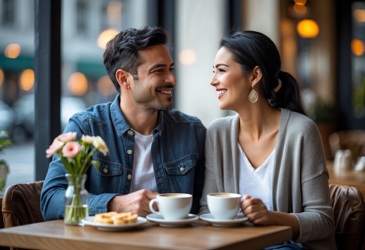 Two adults in their 30s sitting at a café table, smiling and talking over coffee.
