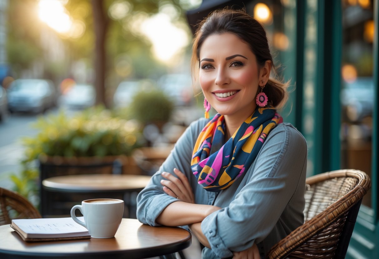 A confident woman in her early 30s sitting at an outdoor café table, smiling warmly with a coffee cup and notebook nearby.