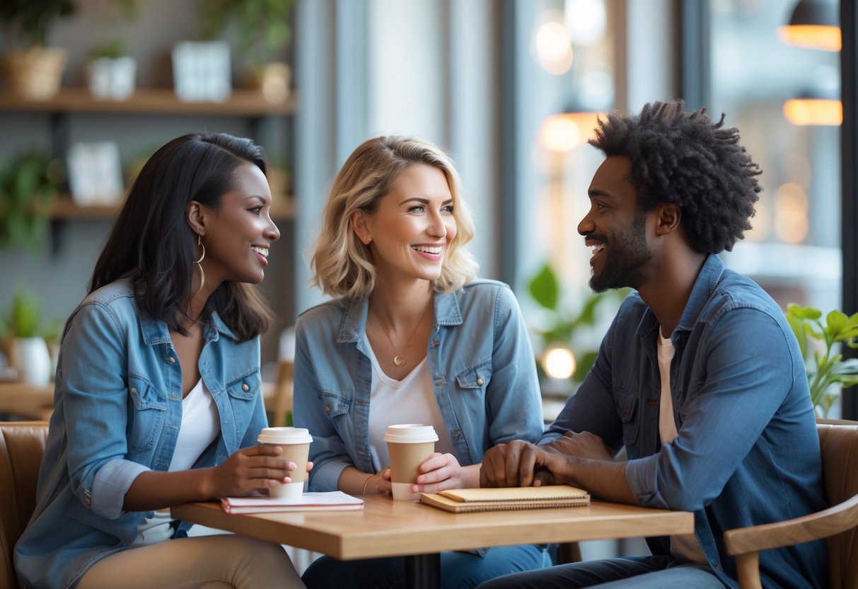 Three adults sitting at a cafe table having a friendly and open conversation.