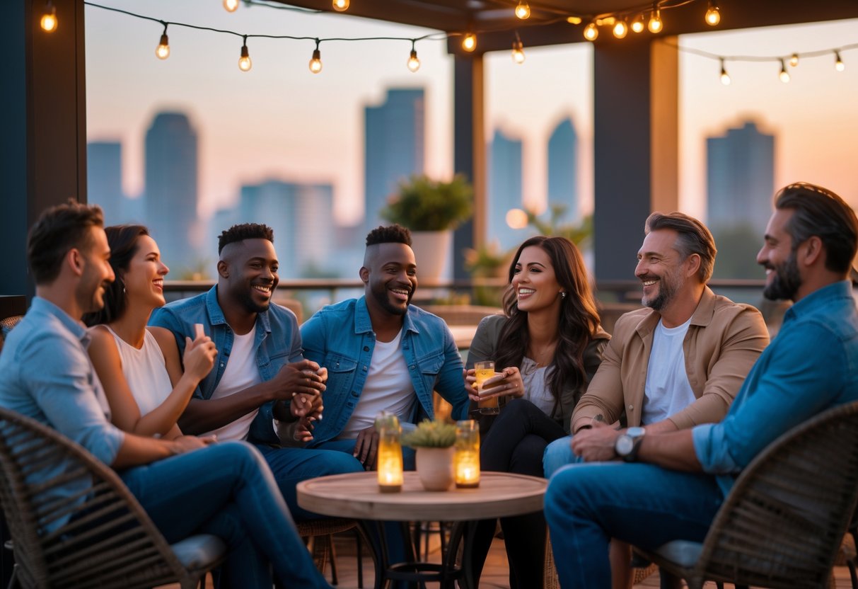 A group of diverse adults in their 30s socializing and laughing together outdoors at sunset.