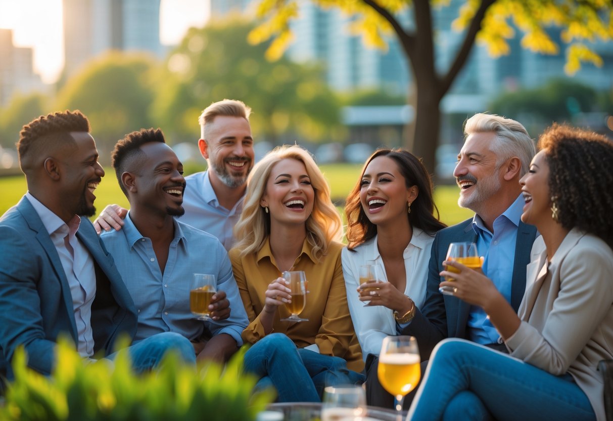 A group of diverse adults in their 30s enjoying a lively outdoor social gathering in a park, smiling and talking together.