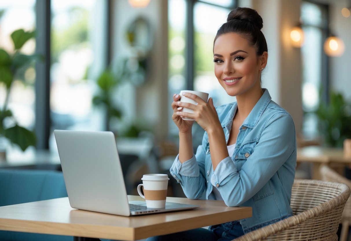 A confident woman in her early 30s sitting at a café table with a laptop and coffee, smiling thoughtfully.