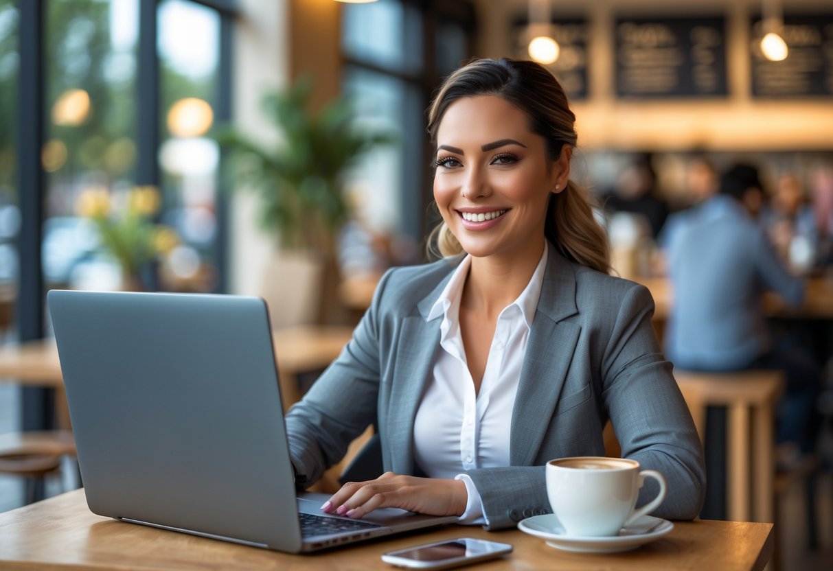 A woman in her early 30s using a laptop at a coffee shop, smiling as she browses online dating.