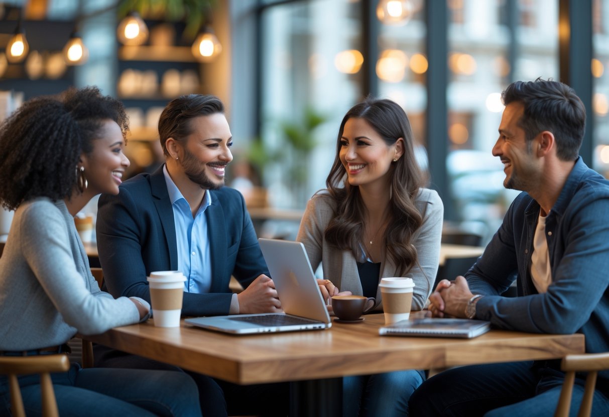 Four adults in their early 30s sitting in a coffee shop, smiling and talking together around a table with coffee cups and laptops.
