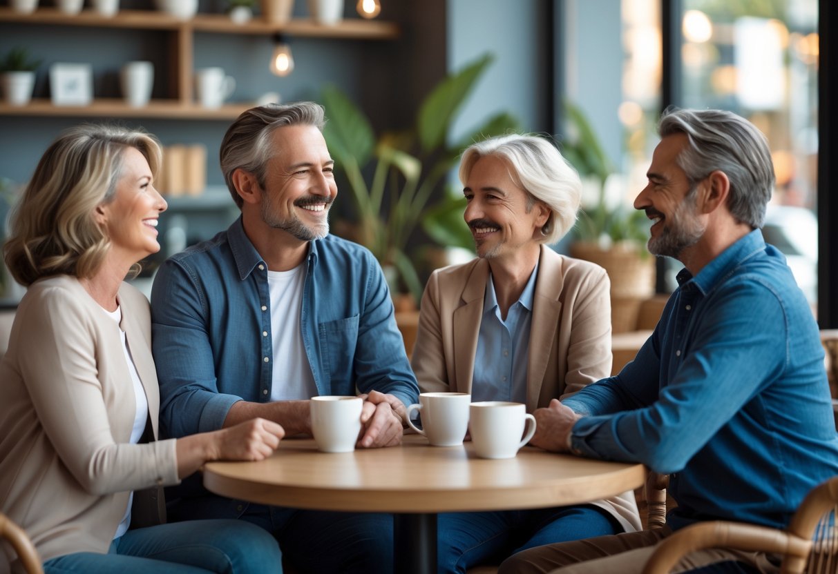 A group of adults in their 30s and 40s smiling and talking together in a cozy coffee shop.