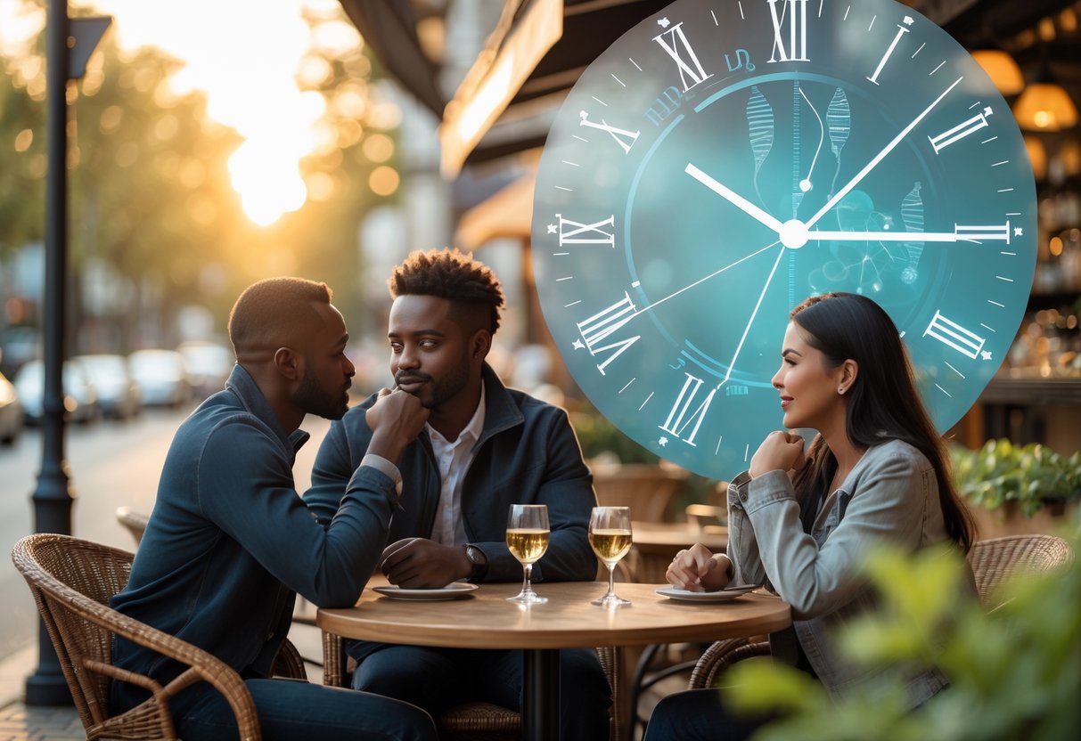 A diverse couple sitting at a café table outdoors, having a thoughtful conversation with a large clock and biological symbols subtly visible in the background.