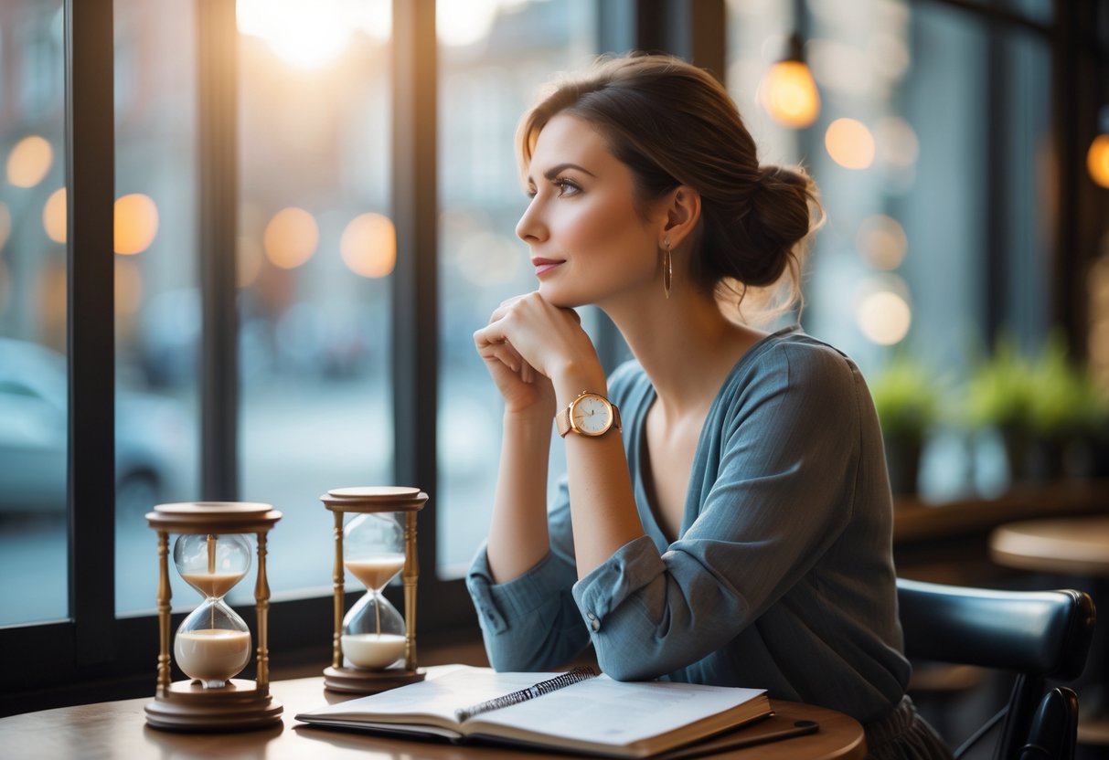 A young woman sitting at a cafe table looking thoughtfully out the window with an hourglass and calendar on the table beside her.
