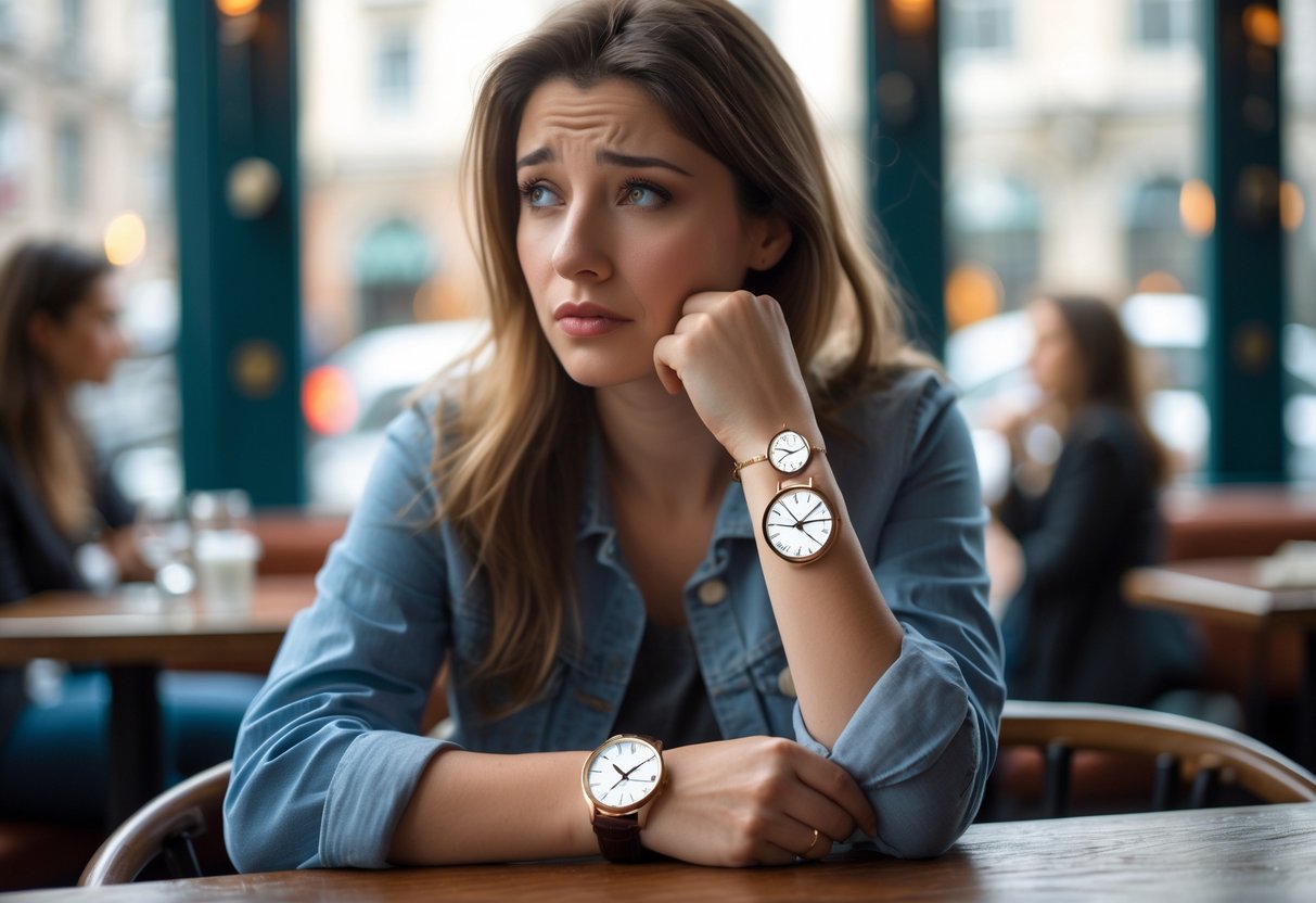 A young woman sitting at a cafe table, looking thoughtfully at a clock bracelet on her wrist, with couples walking in the background.