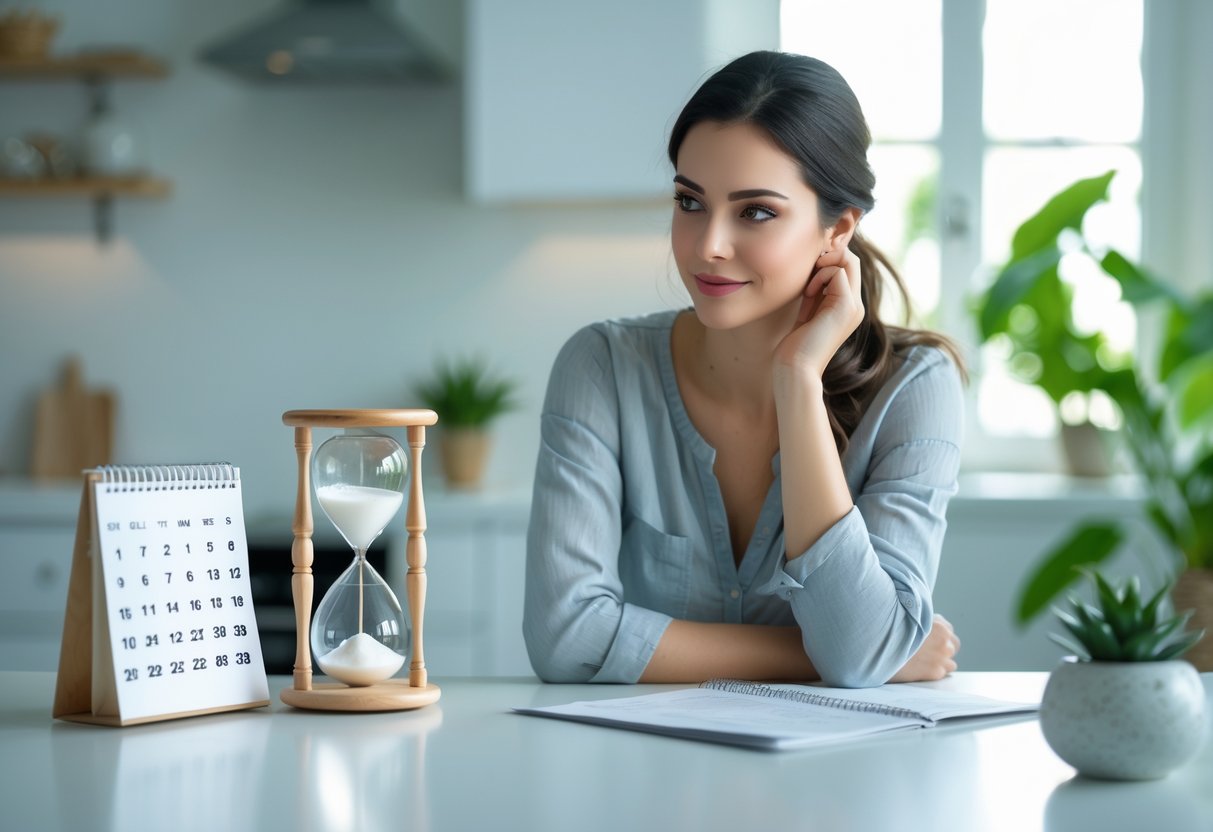 A young woman sitting at a kitchen table looking thoughtfully at a calendar with an hourglass and a jar containing preserved eggs nearby.