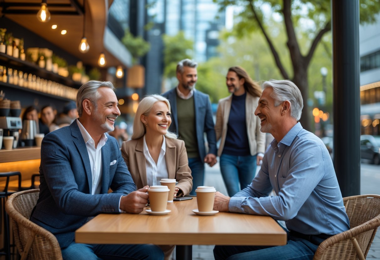 A middle-aged man and woman smiling and talking over coffee at a café, with a couple walking hand-in-hand in a park in the background.