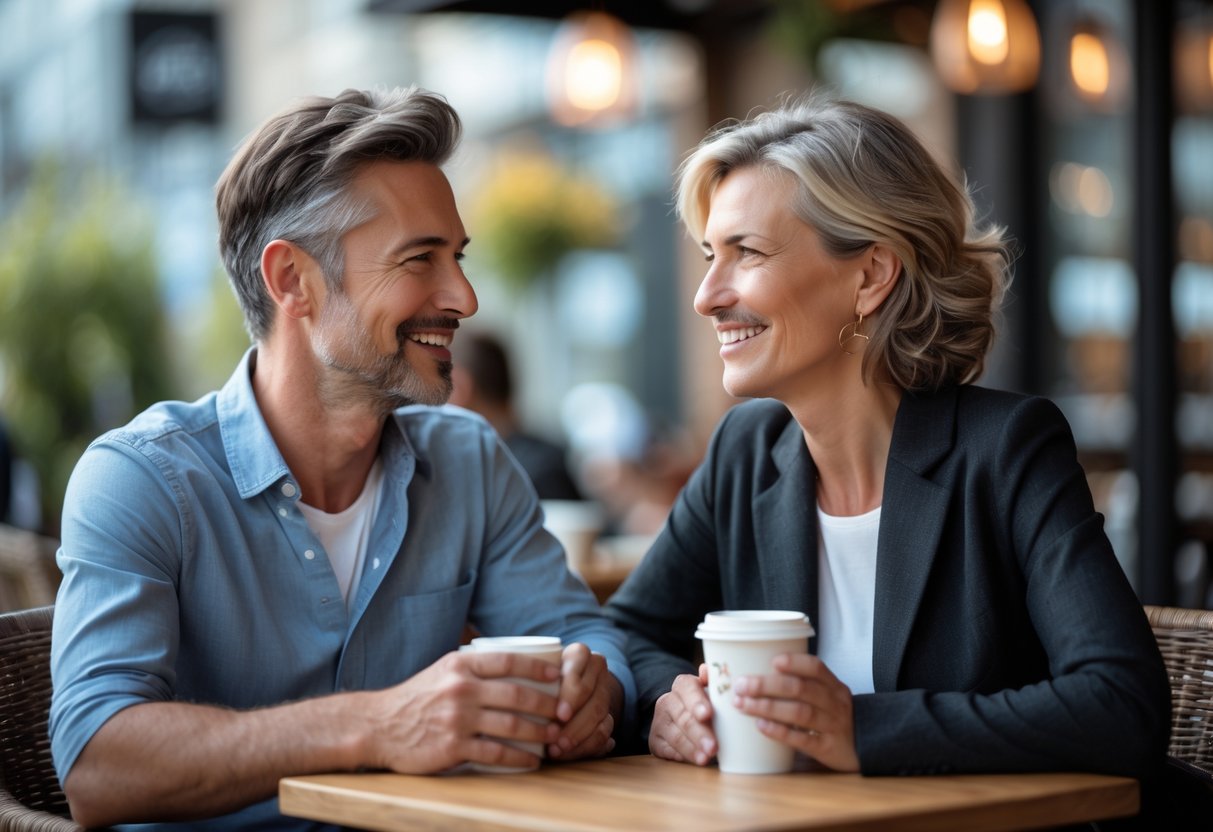 A smiling couple in their 40s having a sincere conversation at an outdoor café.