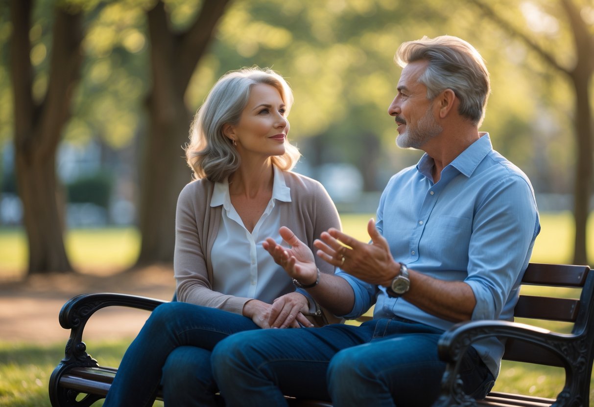 A couple in their 40s sitting on a park bench having a thoughtful conversation outdoors.