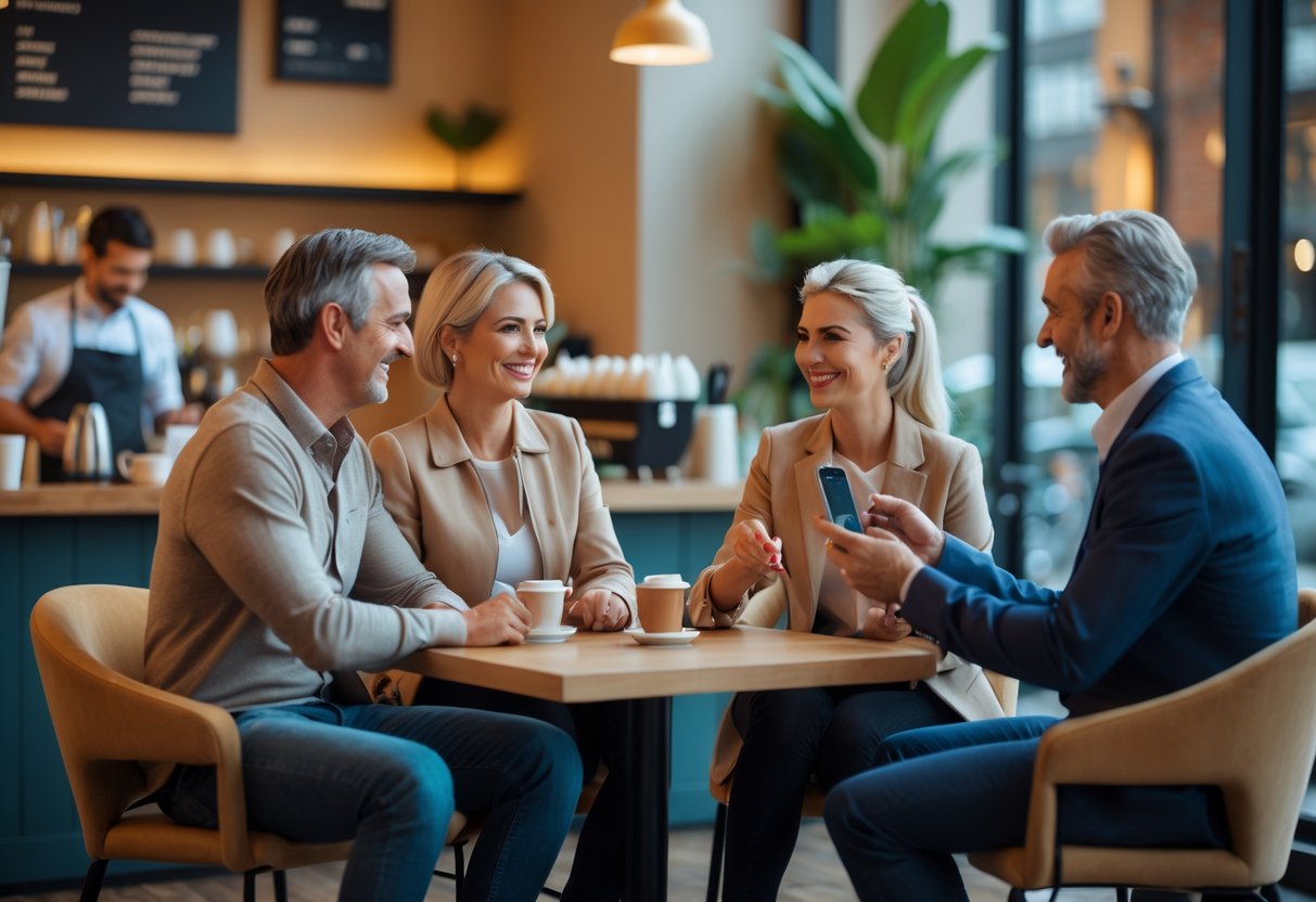 Two people in their 40s smiling and talking at a coffee shop table while others nearby exchange phone numbers using smartphones.