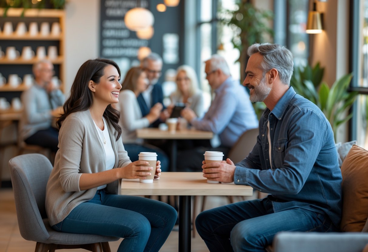 Two people in their 40s smiling and talking over coffee in a modern cafe, with others in the background using devices and socializing.