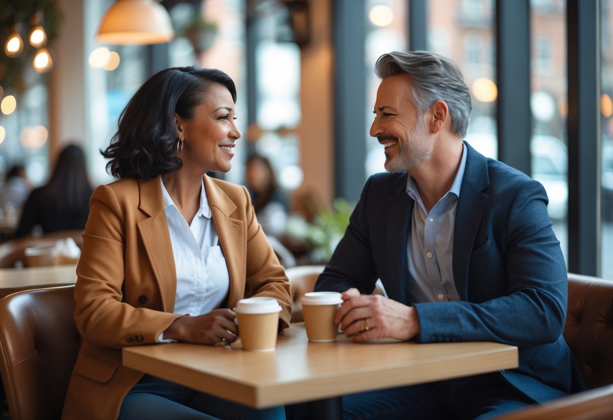 A man and woman in their 40s talking and smiling together in a café.