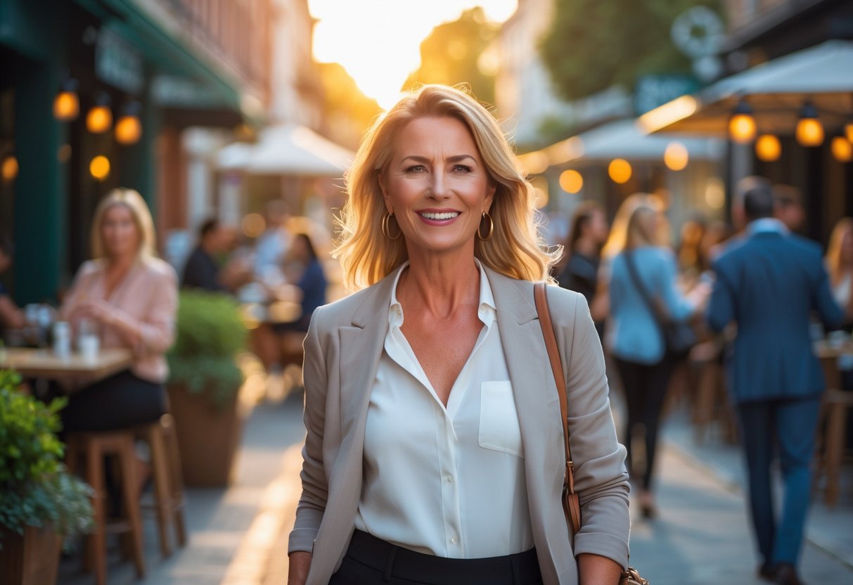 A confident woman in her early 40s smiling while walking on a lively city street with people socializing in the background.