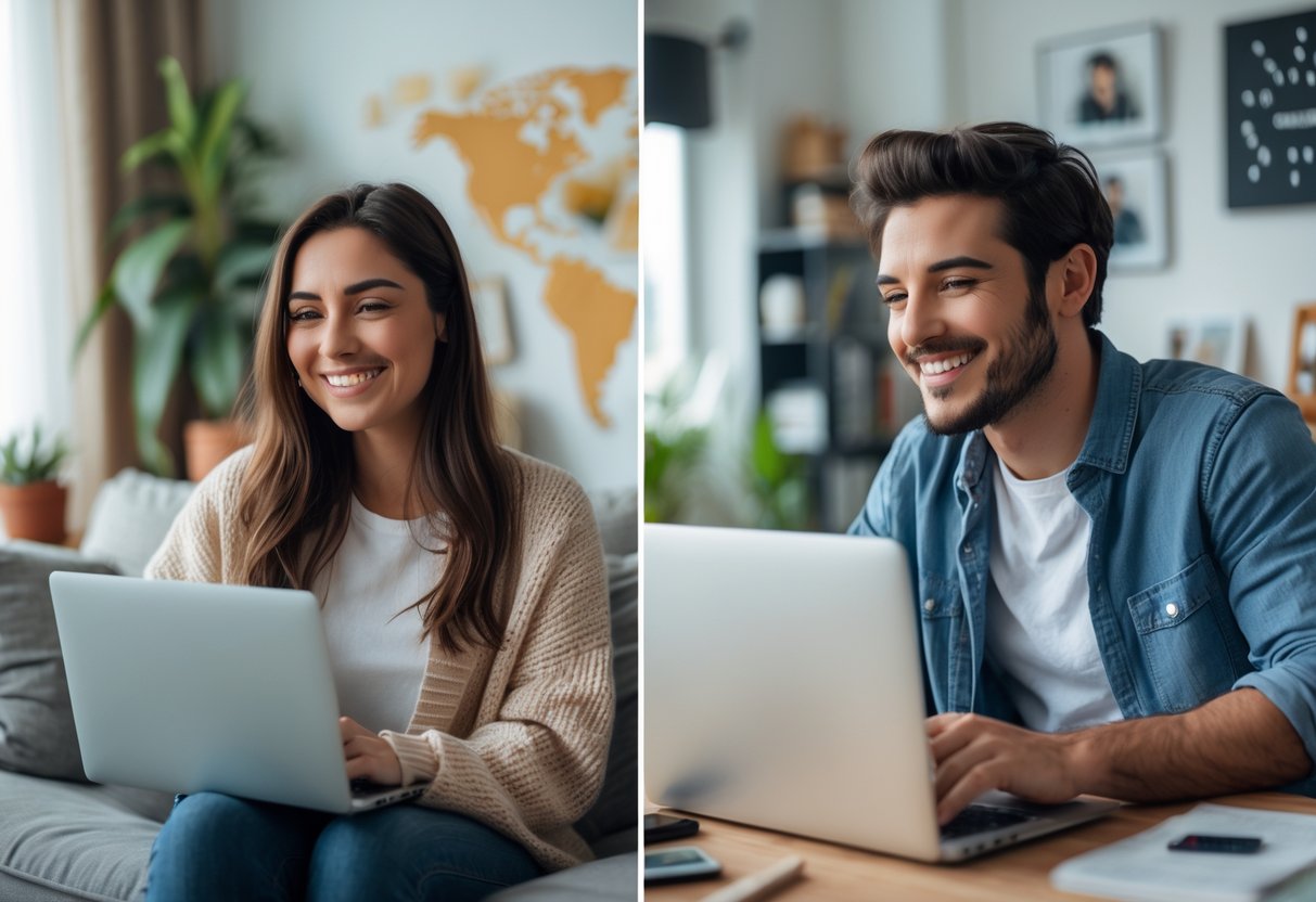 A young couple in separate rooms smiling and talking to each other on their laptops during a video call.