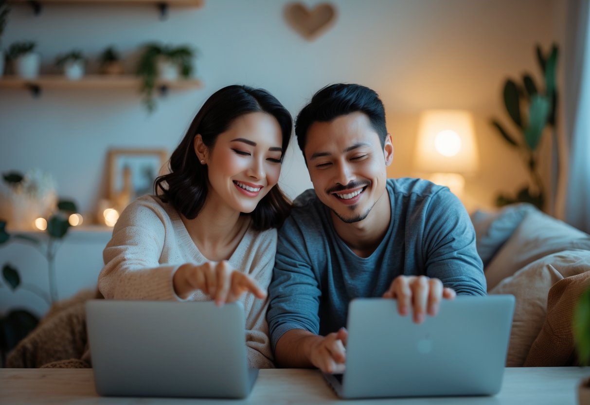 Two people smiling and reaching out to each other through video calls on their devices from separate cozy rooms.