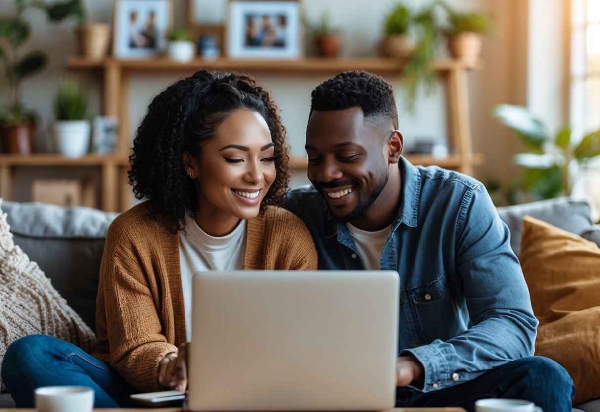 A couple smiling and talking to each other through a video call on a laptop in a cozy living room.