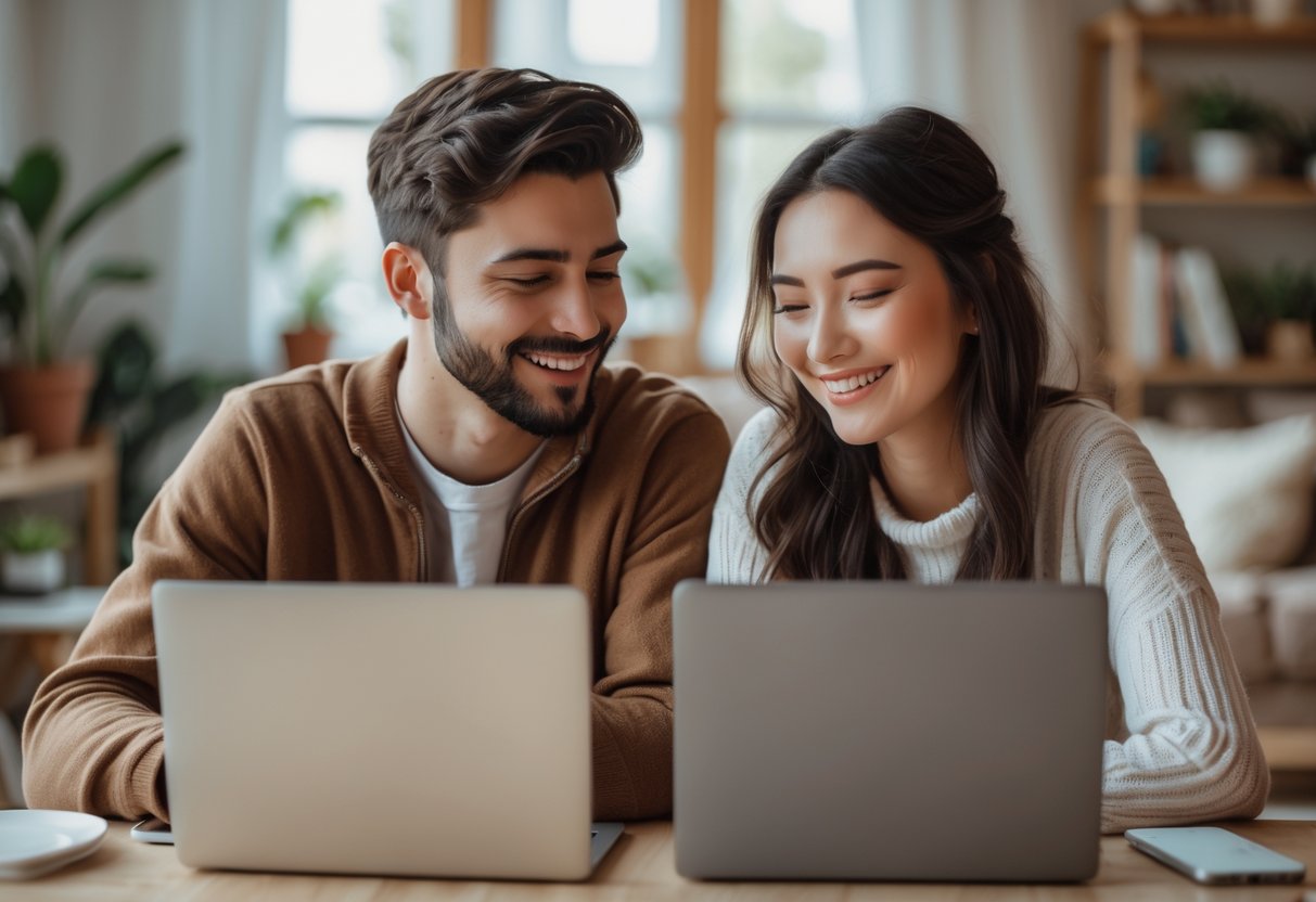 A man and a woman smiling at their laptops during a video call, each in their own cozy home.