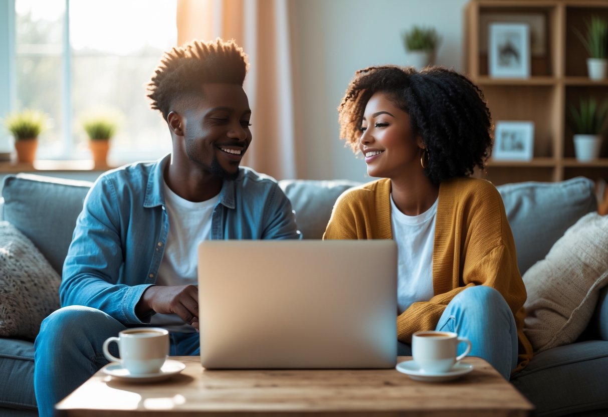 A couple smiling at each other through a video call on a laptop in a cozy living room.