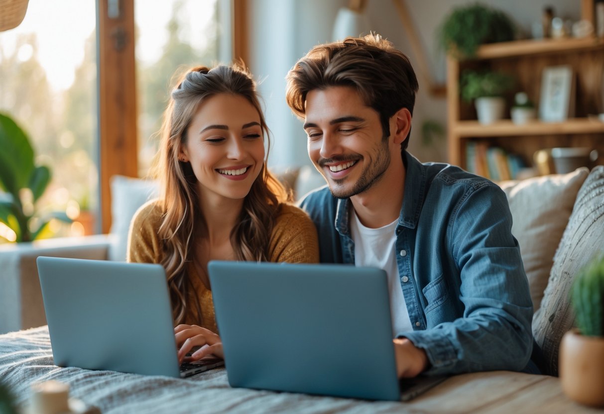 A young couple smiling and talking to each other on a video call from their separate homes.