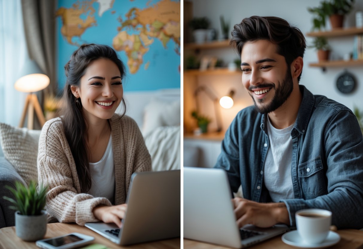 A smiling couple video chatting on laptops from separate cozy rooms, showing connection despite distance.