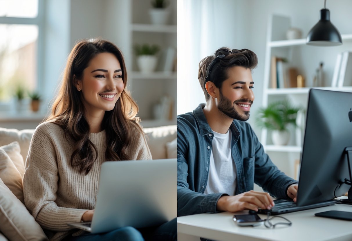 A young couple in separate rooms smiling and engaged in a video call on their computers.