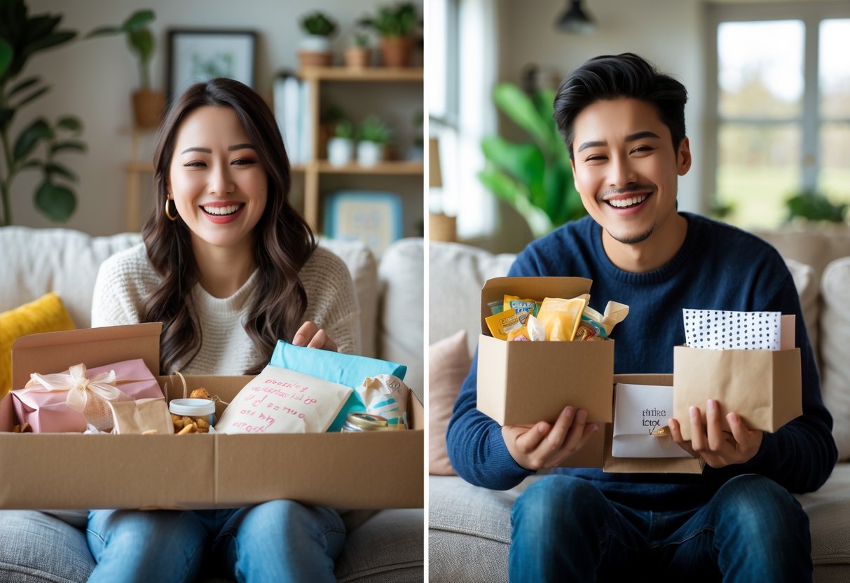 A young couple happily exchanging surprise care packages during a video call, each opening gifts in their cozy home settings.