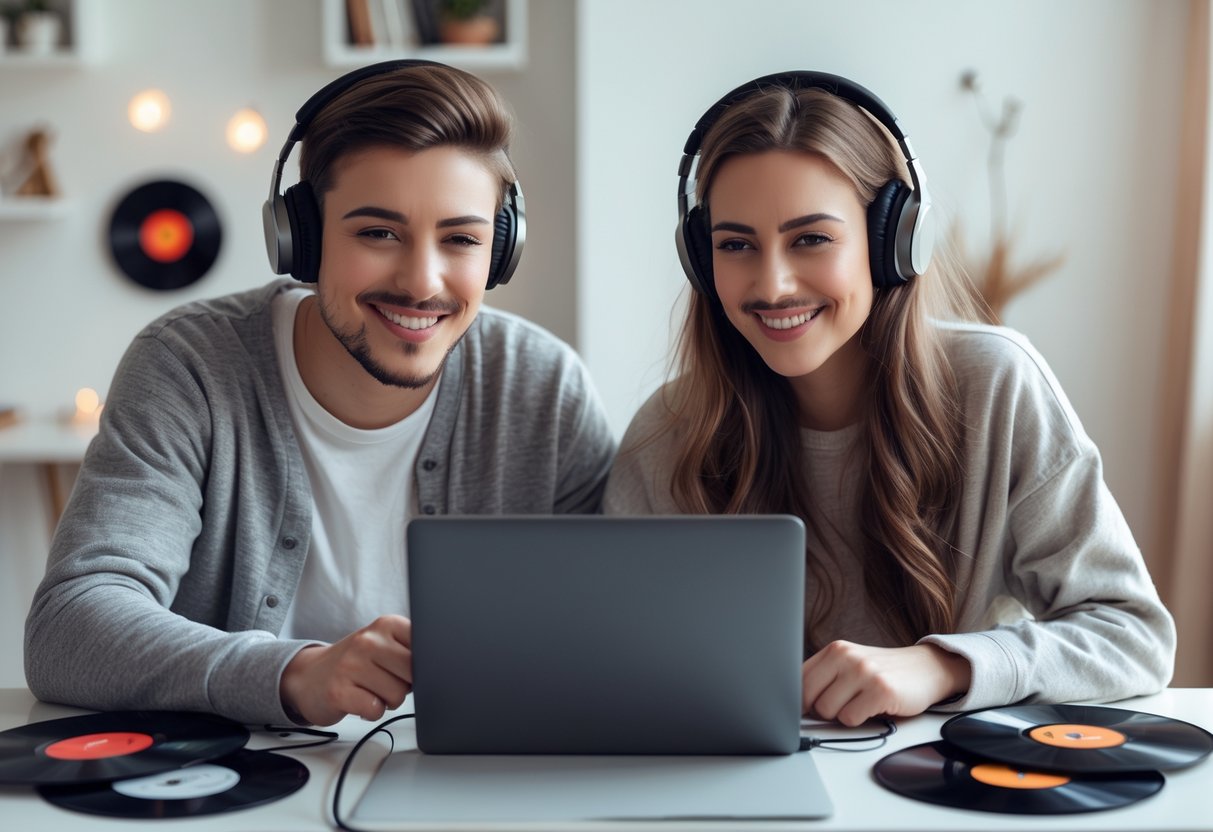 Two people in separate rooms smiling and creating shared music playlists during a video call.