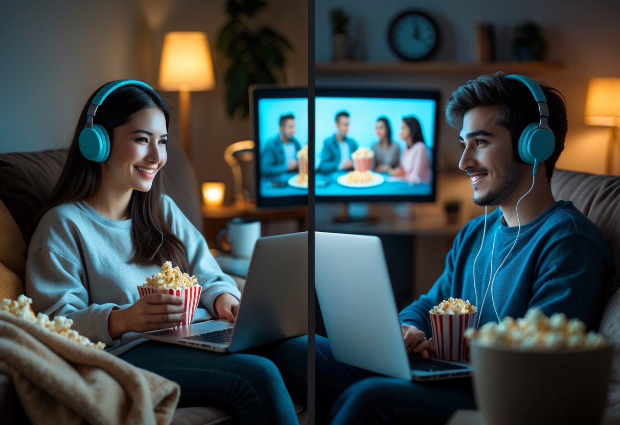 Two people in different rooms watching the same movie on their laptops, each with headphones and popcorn, creating a cozy virtual movie night experience.