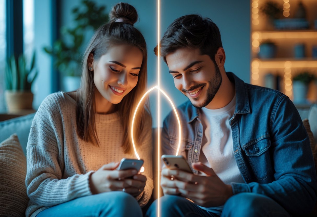 A young couple in separate cozy rooms using smartphones to share a journal app, connected by a glowing digital line between their devices.