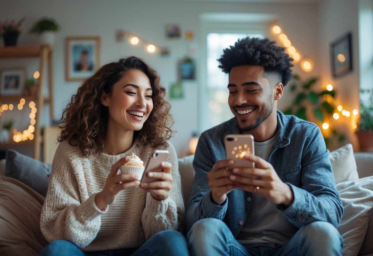 A young couple smiling and celebrating together while video calling each other from their separate homes.